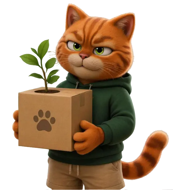 Cat holding a box with a plant